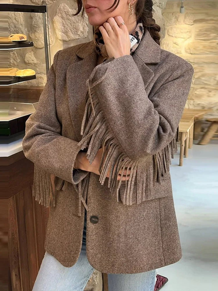Longline tailored blazer coat in beige, worn open