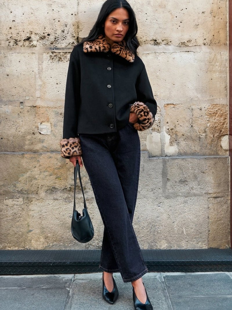 Astrid Leopard Faux Fur Trim Jacket