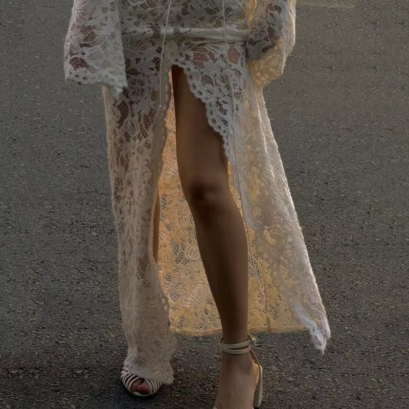 Cecilie Lace Flare-Sleeve Dress in white – detail