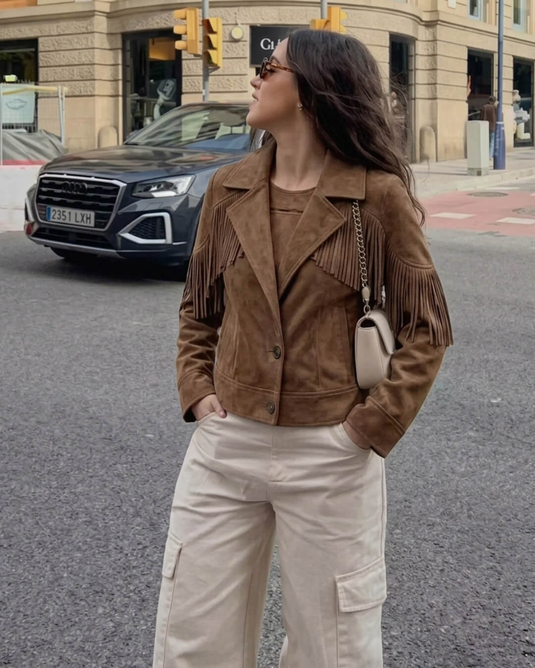 Embla Fringed Faux Suede Cropped Jacket in brown – styled look