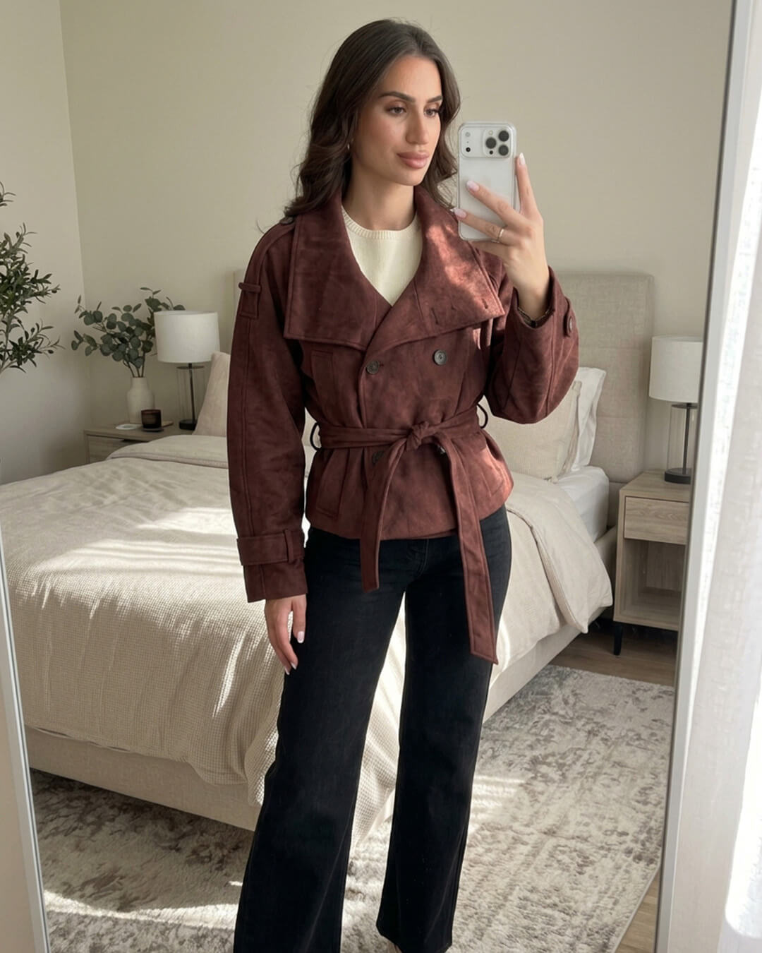 Ines Funnel-Neck Belted Faux Suede Jacket in burgundy – styled look