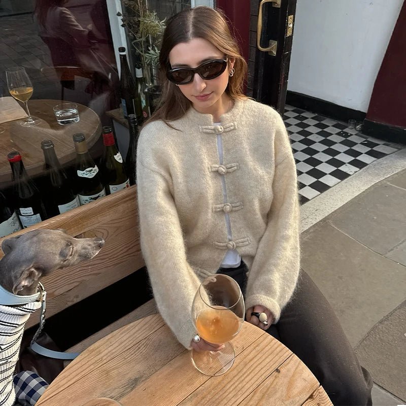 Linnea Frog-Button Knit Cardigan in beige – styled look