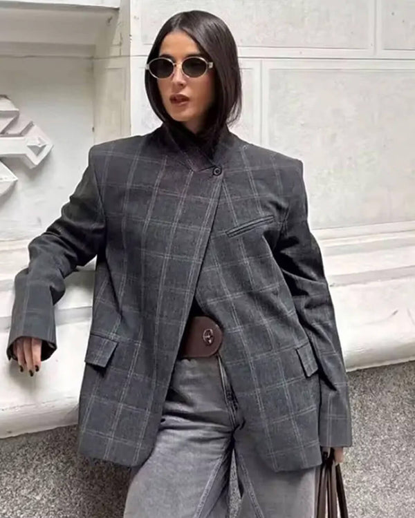 Aerona Plaid Stand Collar Blazer