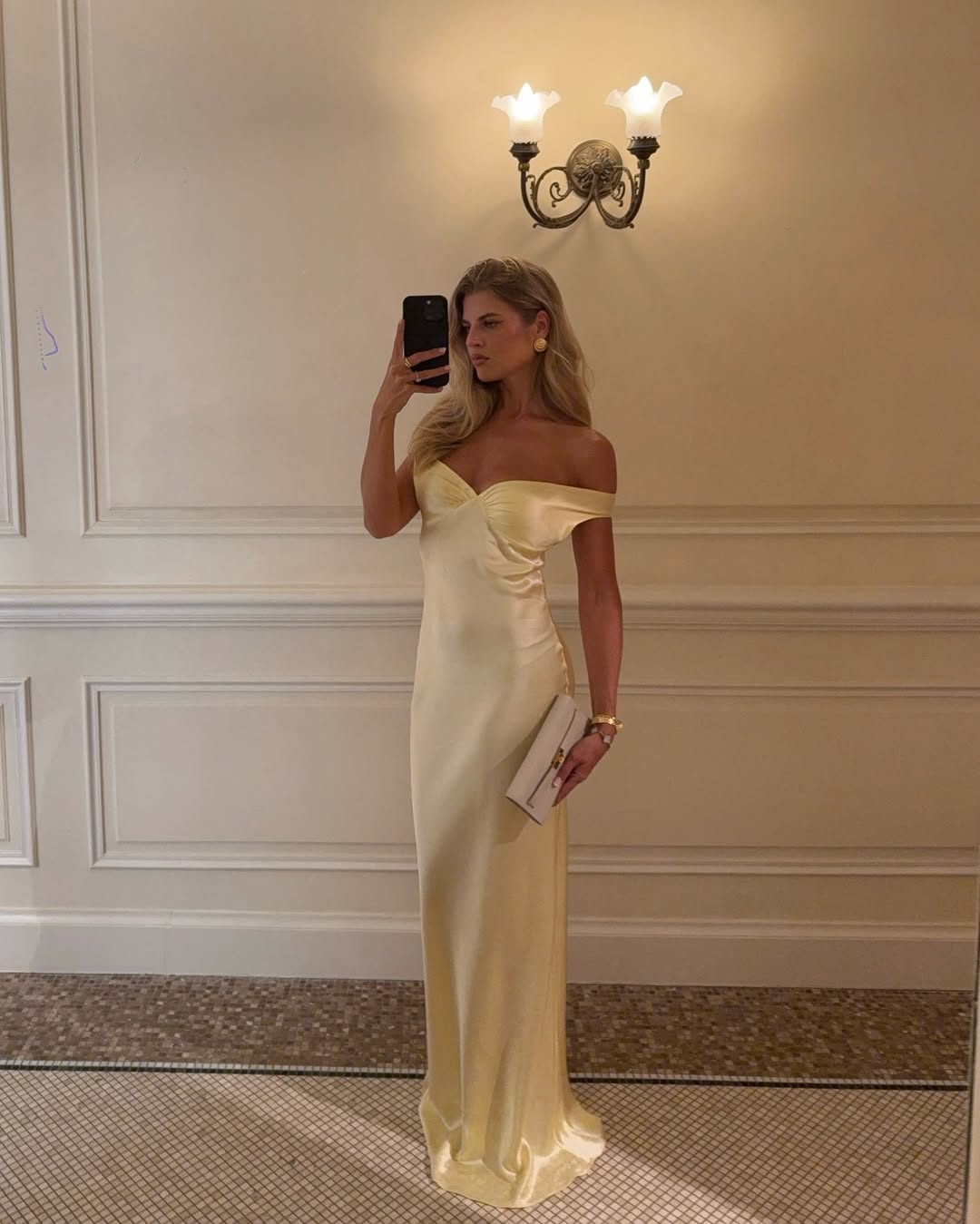 Off-shoulder satin-finish maxi dress, floor-length