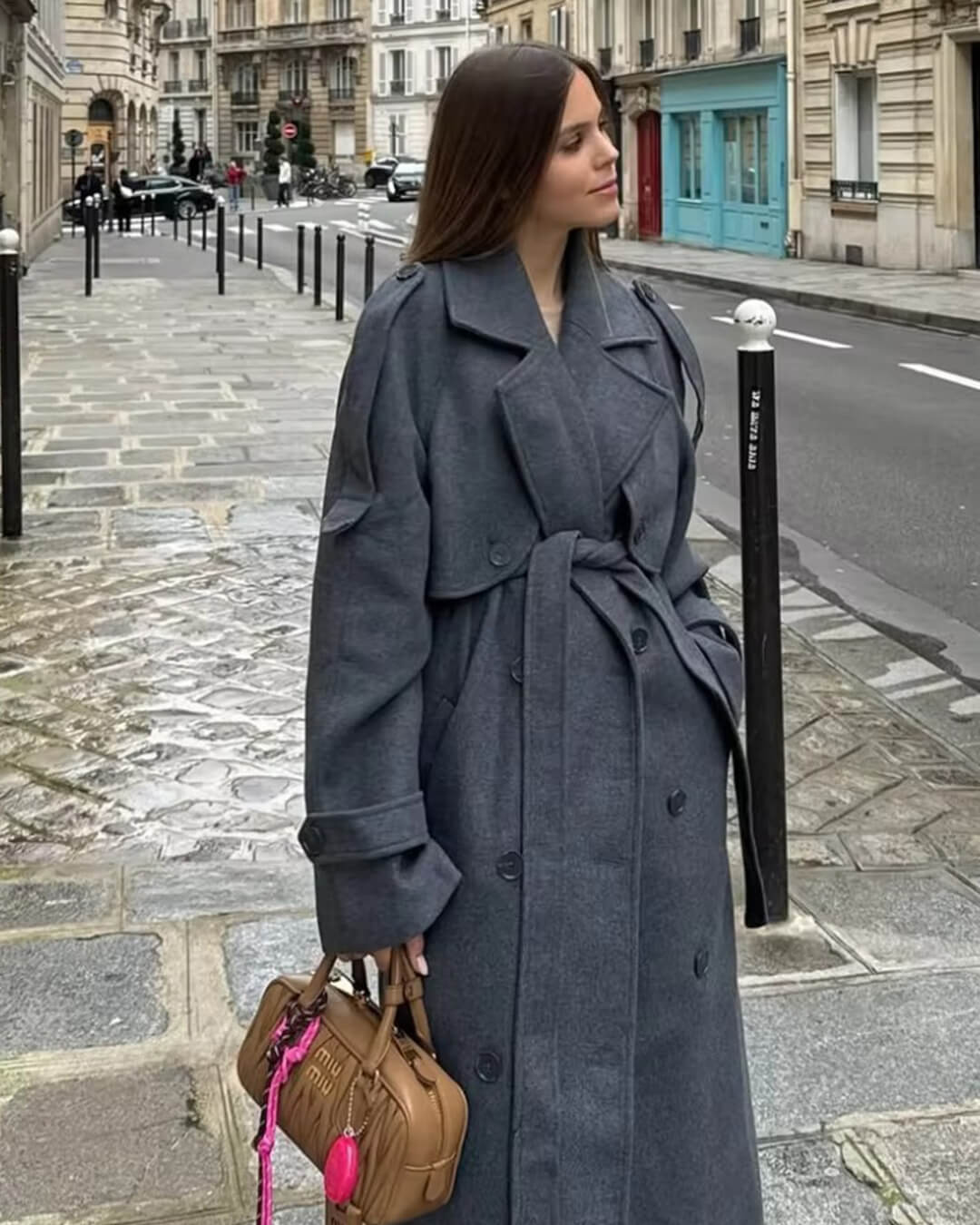 Μακρύ γκρι παλτό με ζώνη Alicia