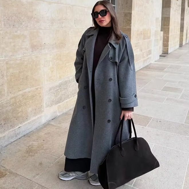 Μακρύ γκρι παλτό με ζώνη Alicia