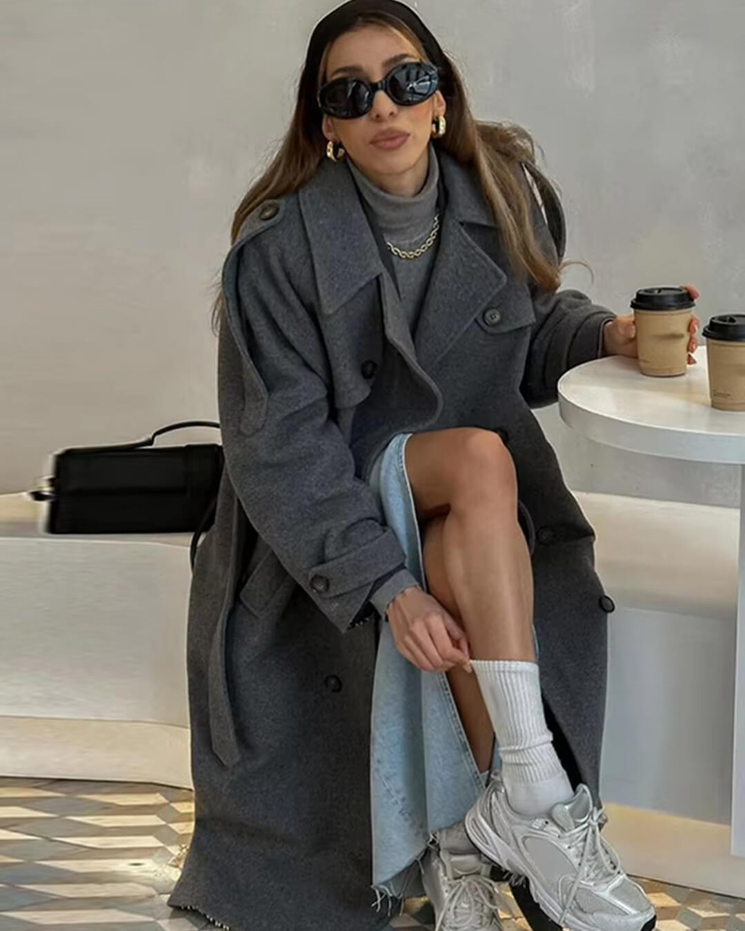 Μακρύ γκρι παλτό με ζώνη Alicia