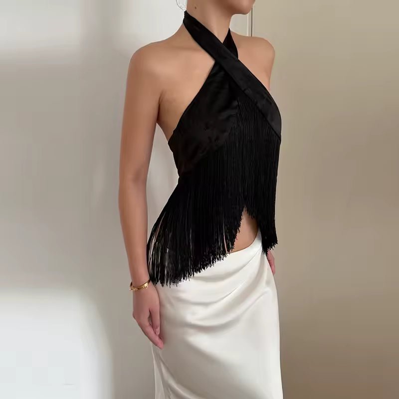 Σατέν τοπ halter με κρόσσια Amelie