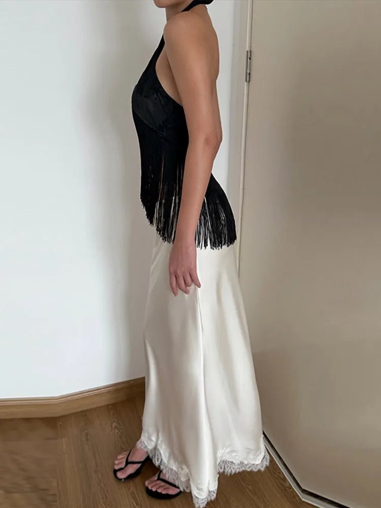 Σατέν τοπ halter με κρόσσια Amelie