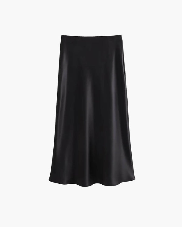 Anais High Waist Black Satin Midi Skirt