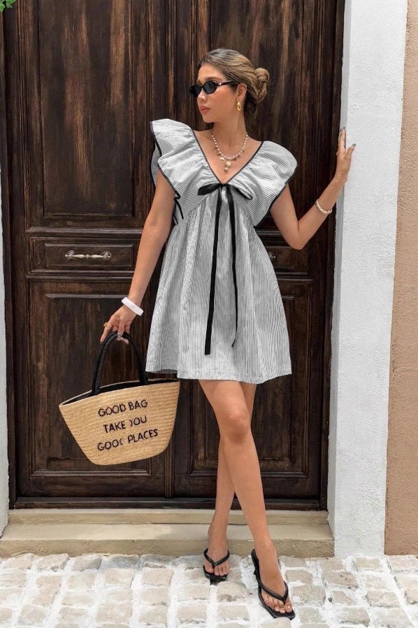 Beatrice Striped V-Neck Ruffle Mini Dress