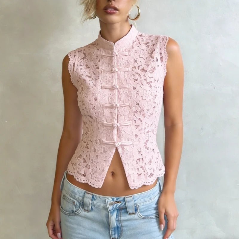 Διάφανη δαντελένια μπλούζα Beatrix με γιακά μάο
