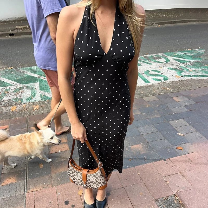 Μάξι φόρεμα Bianca με πουά μοτίβο και λαιμόκοψη halter