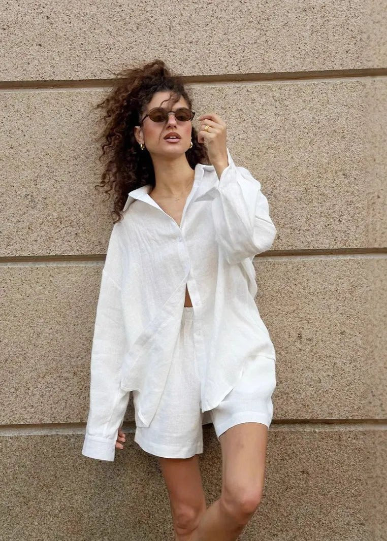 Λευκό βαμβακερό σετ Camille με πουκάμισο και σορτς