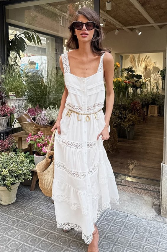 Boho μάξι φόρεμα με δαντέλα, σχέδιο patchwork και βολάν Celeste