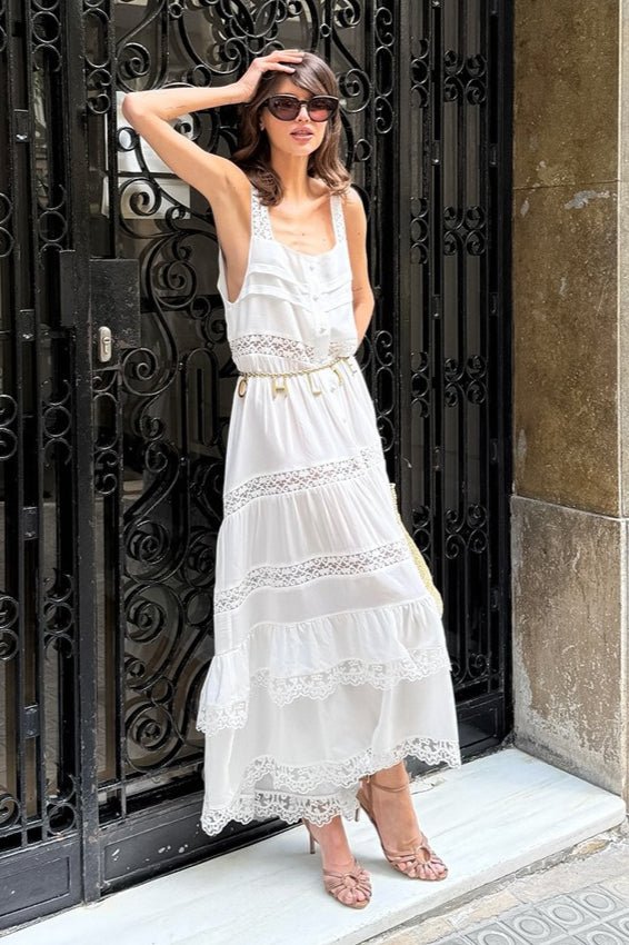Celeste Boho Lace Patchwork Ruffle Maxi Dress