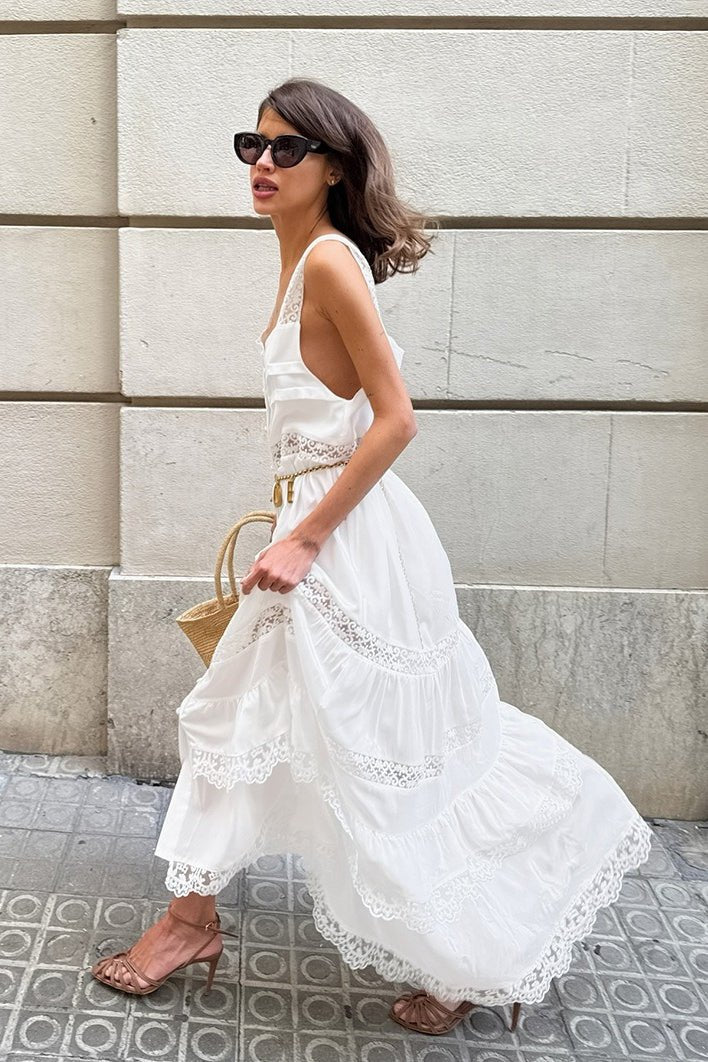 Celeste Boho Lace Patchwork Ruffle Maxi Dress