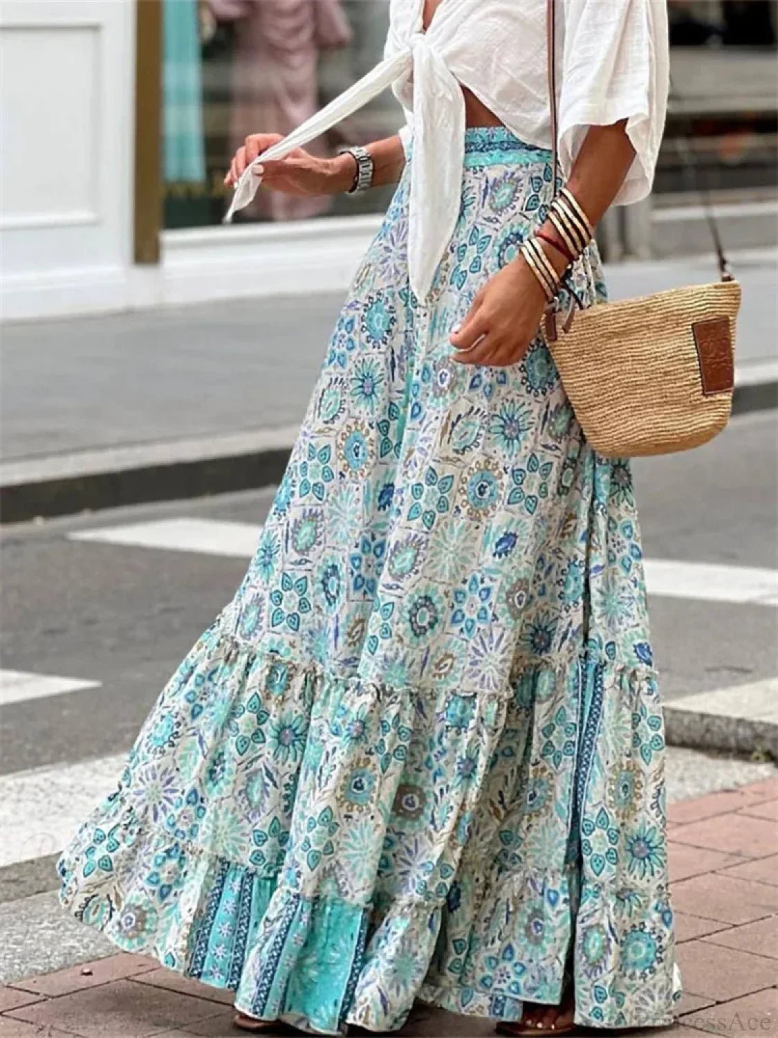 Αέρινη boho φούστα Celeste με εμπριμέ μοτίβο και τελείωμα με βολάν