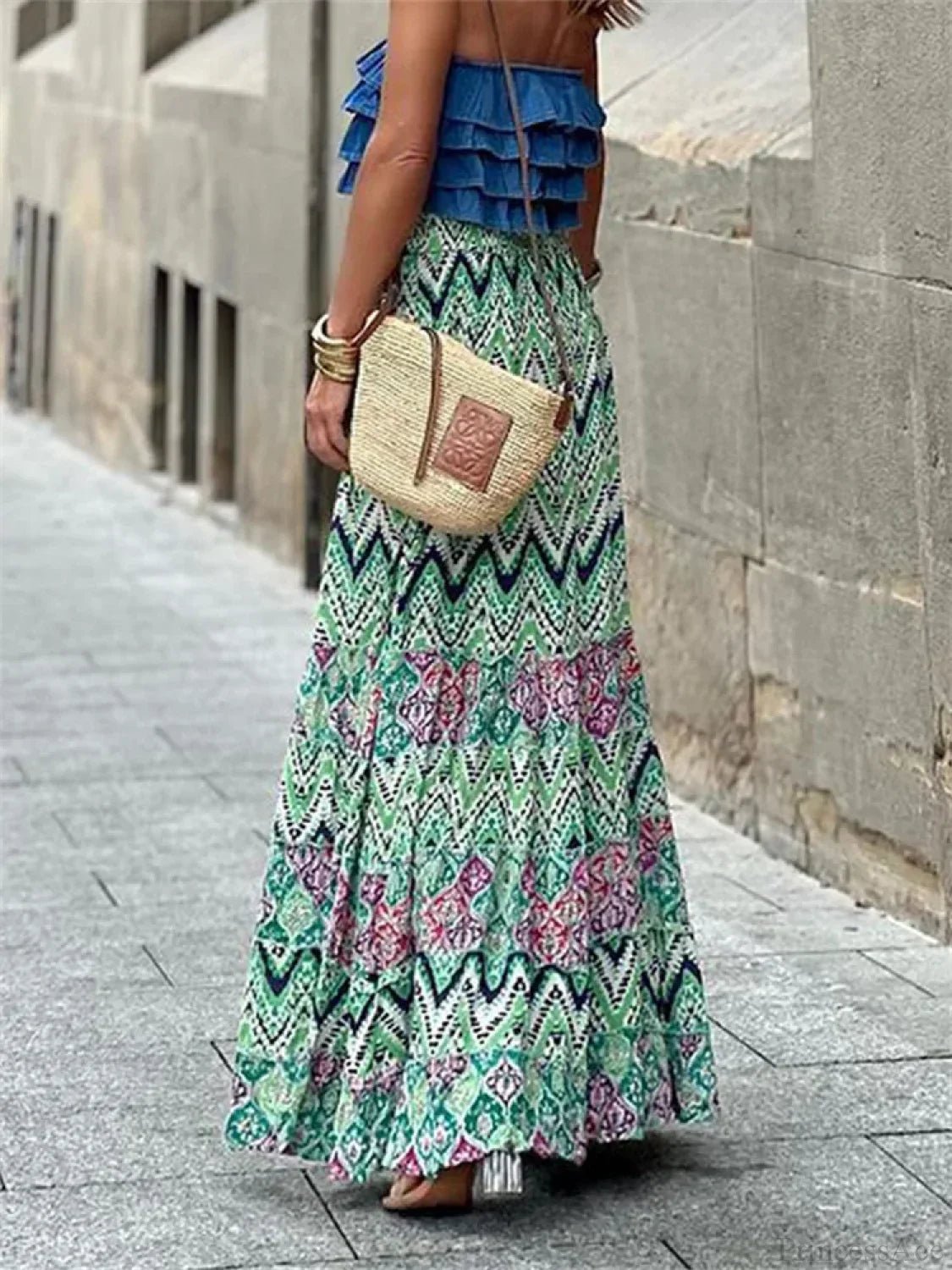 Αέρινη boho φούστα Celeste με εμπριμέ μοτίβο και τελείωμα με βολάν