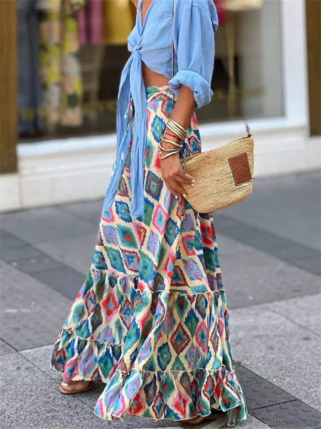 Αέρινη boho φούστα Celeste με εμπριμέ μοτίβο και τελείωμα με βολάν