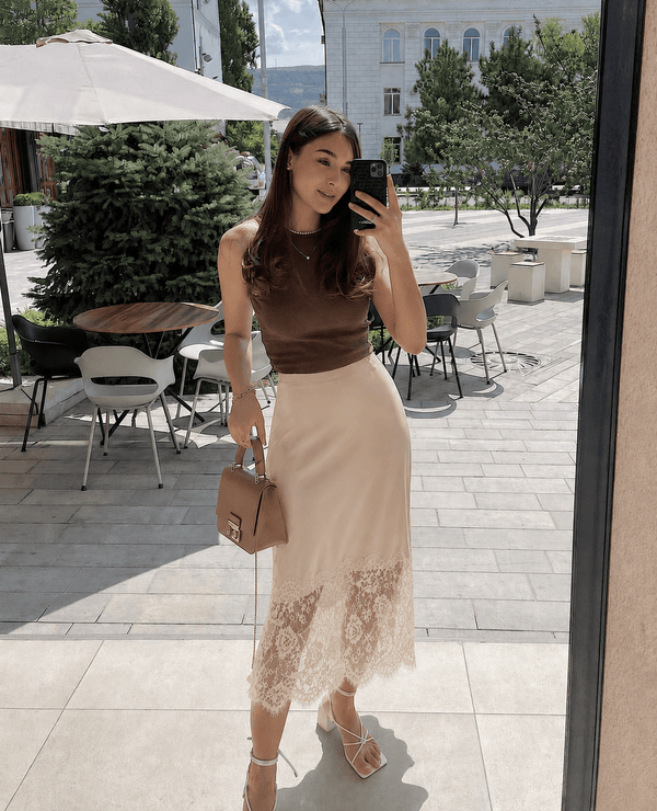 Cheska Lace Hem Satin Long Skirt with Slit