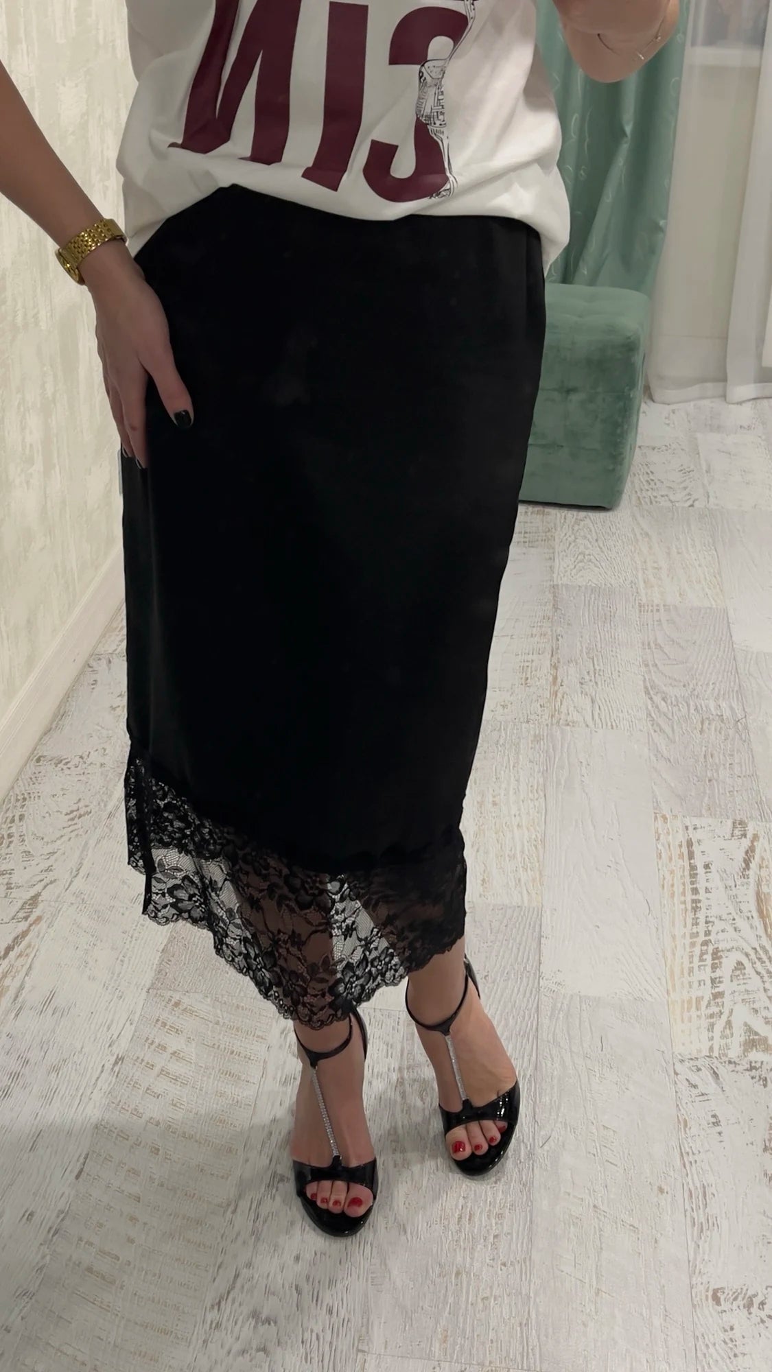 Cheska Lace Hem Satin Long Skirt with Slit