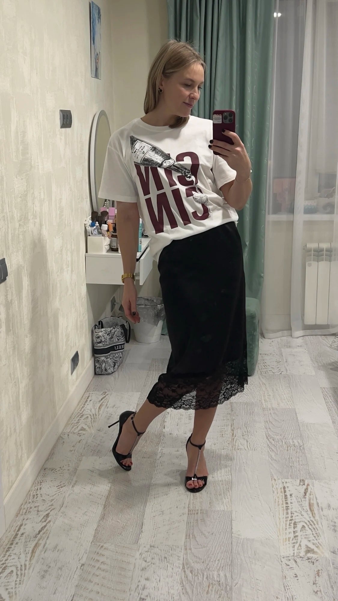 Cheska Lace Hem Satin Long Skirt with Slit