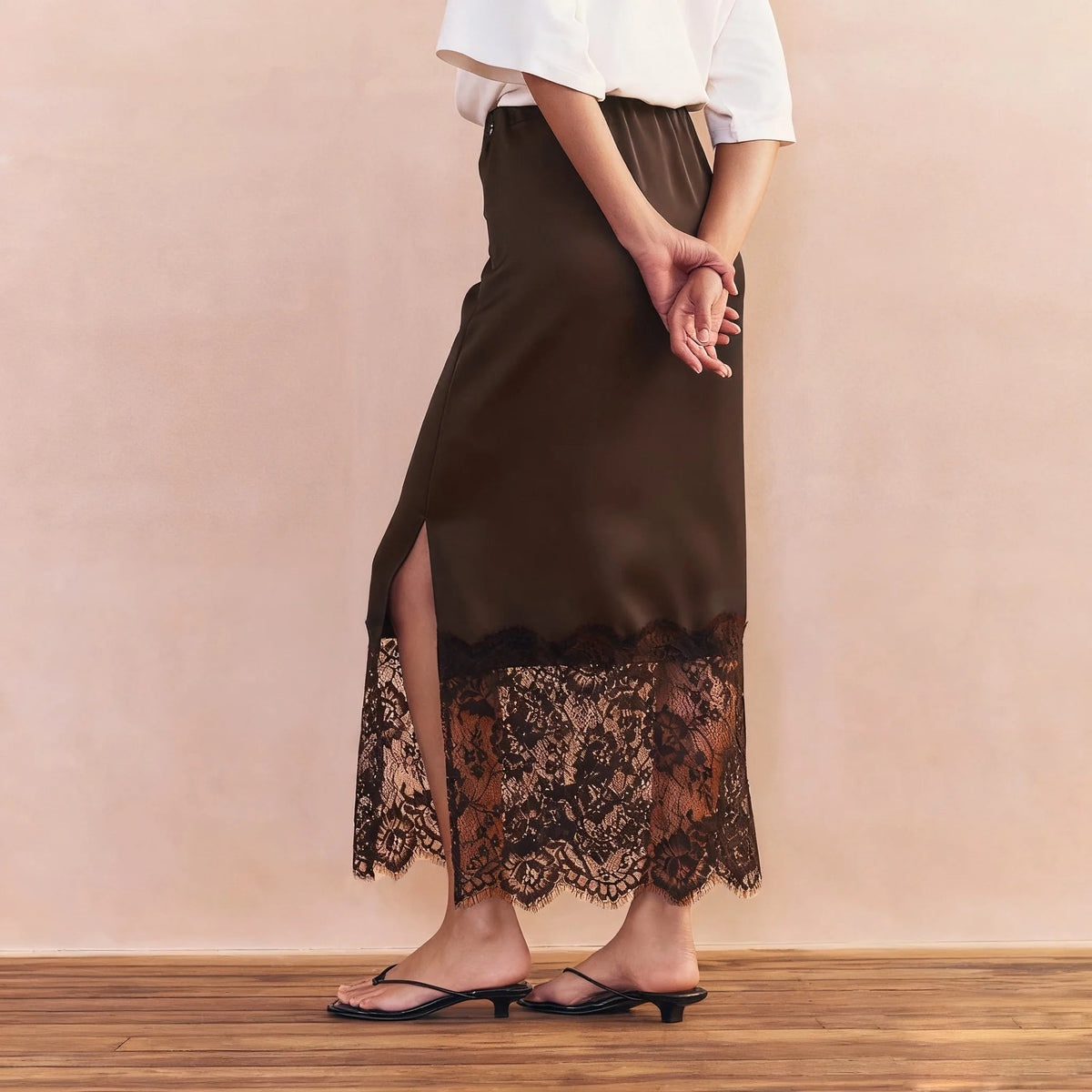 Cheska Lace Hem Satin Long Skirt with Slit