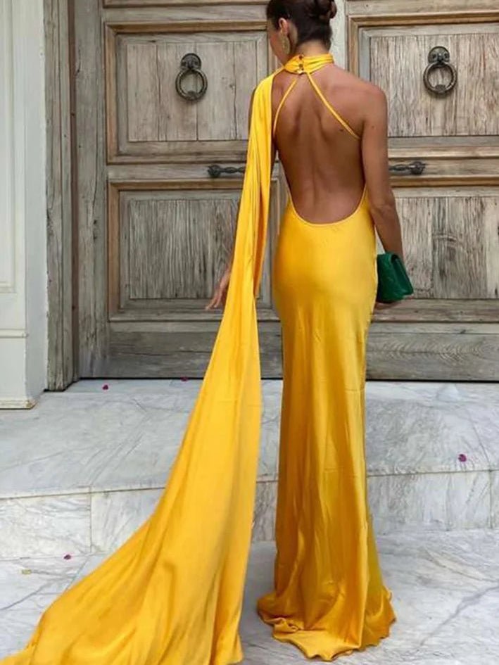 Demetra σατέν βραδινή τουαλέτα halter με ανοιχτή πλάτη