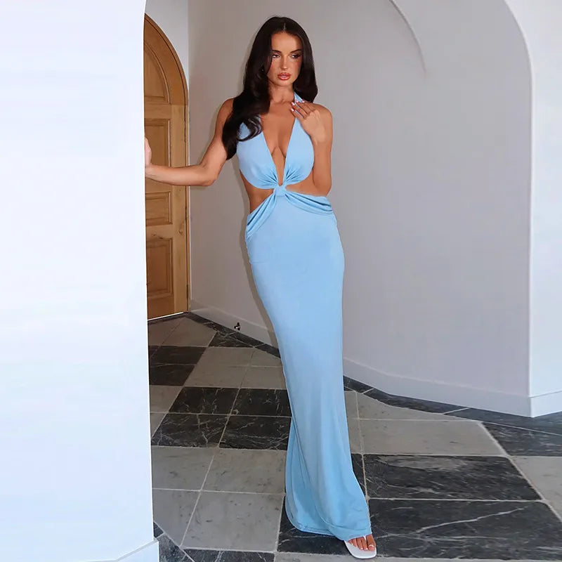 Μάξι φόρεμα Denise με βαθύ V ντεκολτέ και σούρες
