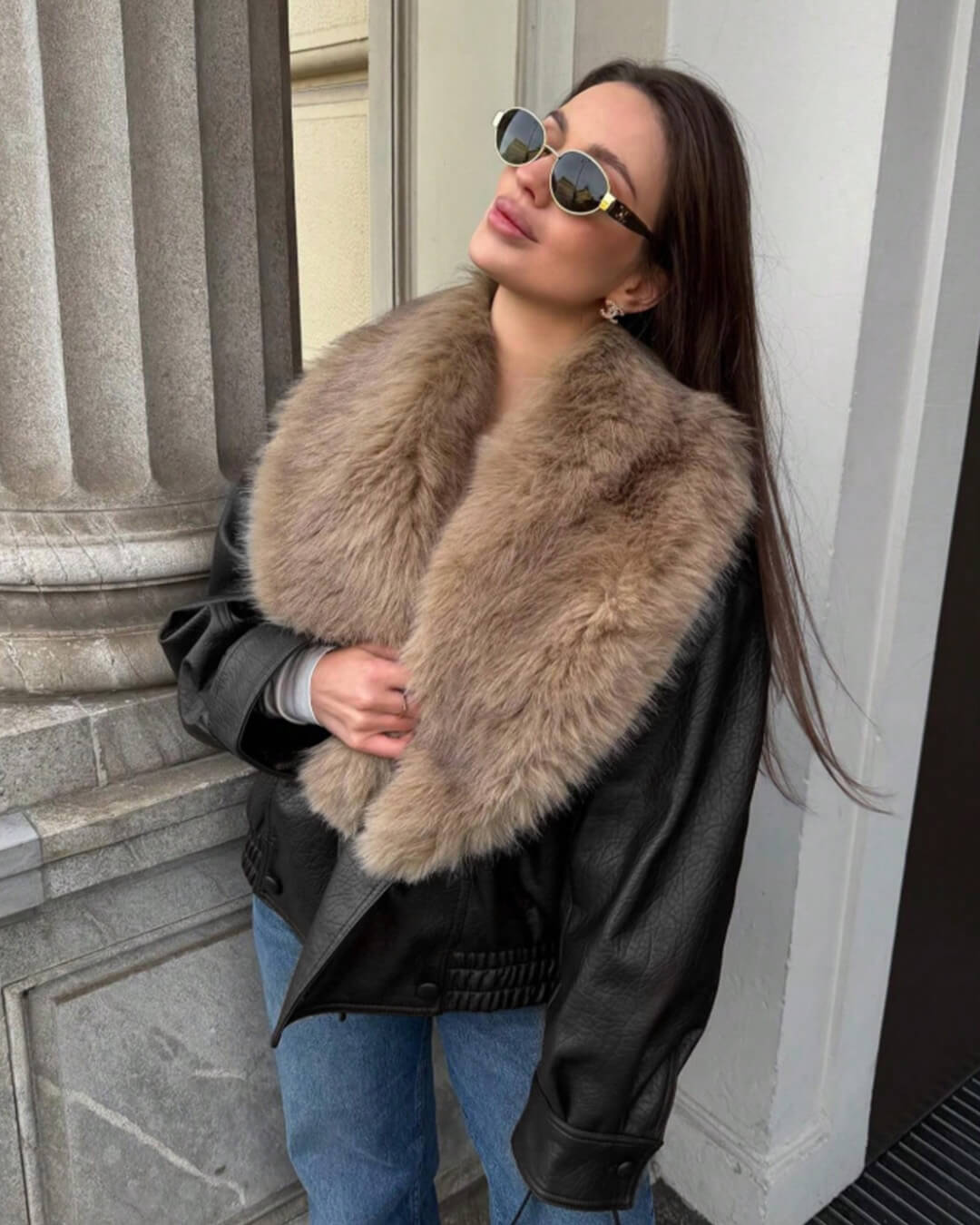 Δερμάτινο μπουφάν από συνθετικό δέρμα Francesca με αποσπώμενο γούνινο γιακά