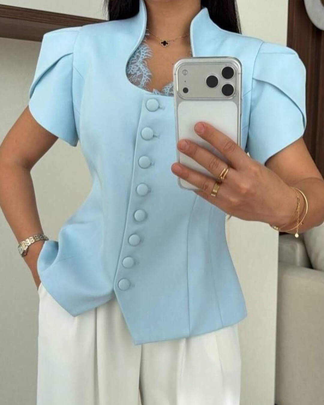 Gloria Button Front Stand Collar Top