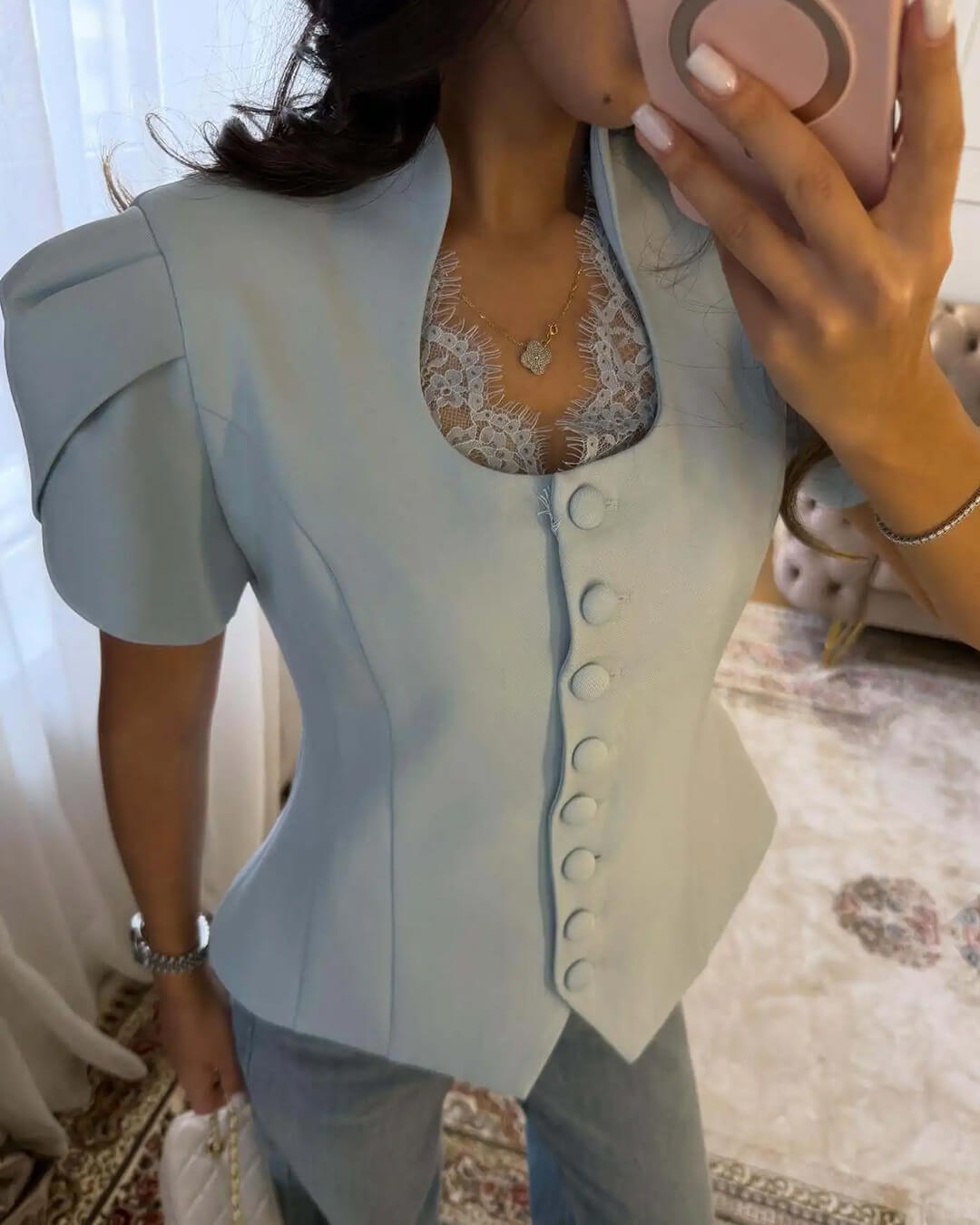 Gloria Button Front Stand Collar Top