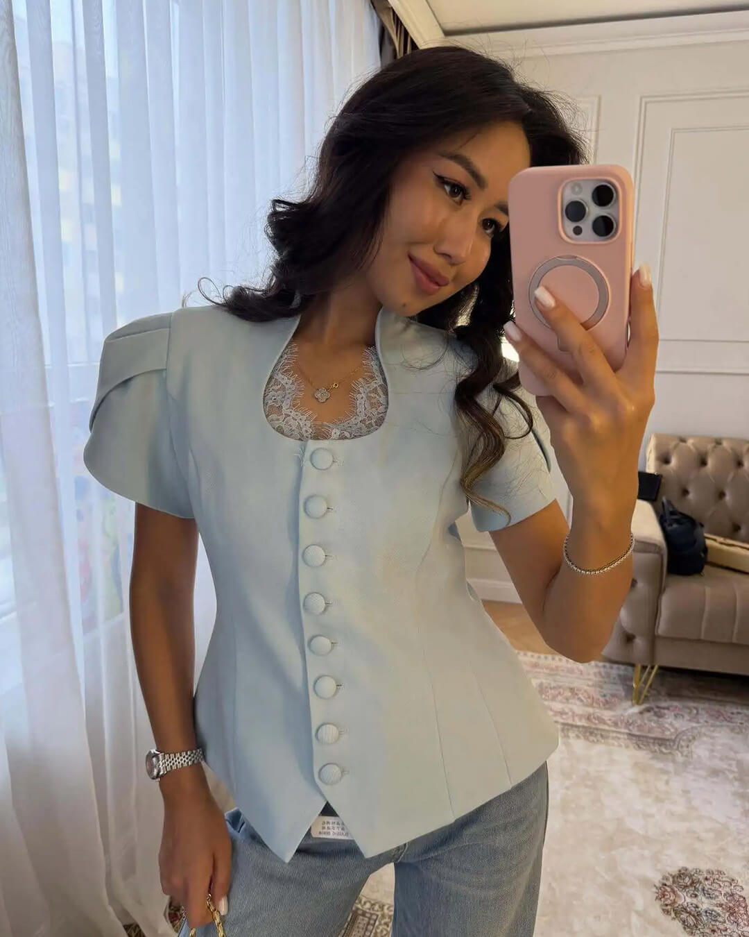 Gloria Button Front Stand Collar Top