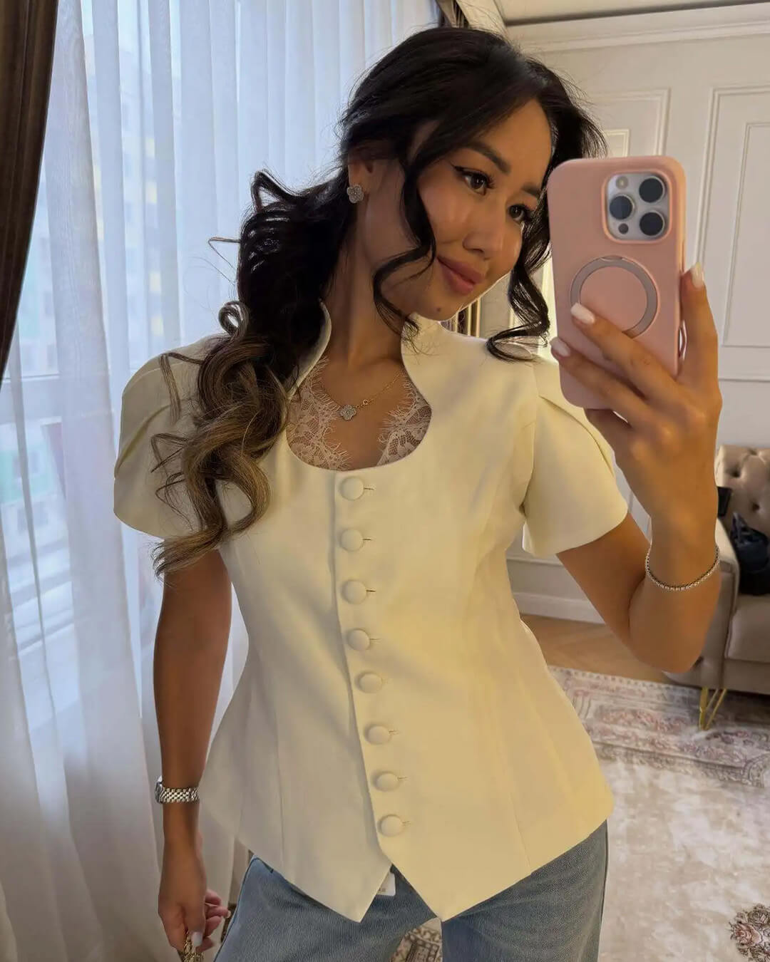 Gloria Button Front Stand Collar Top