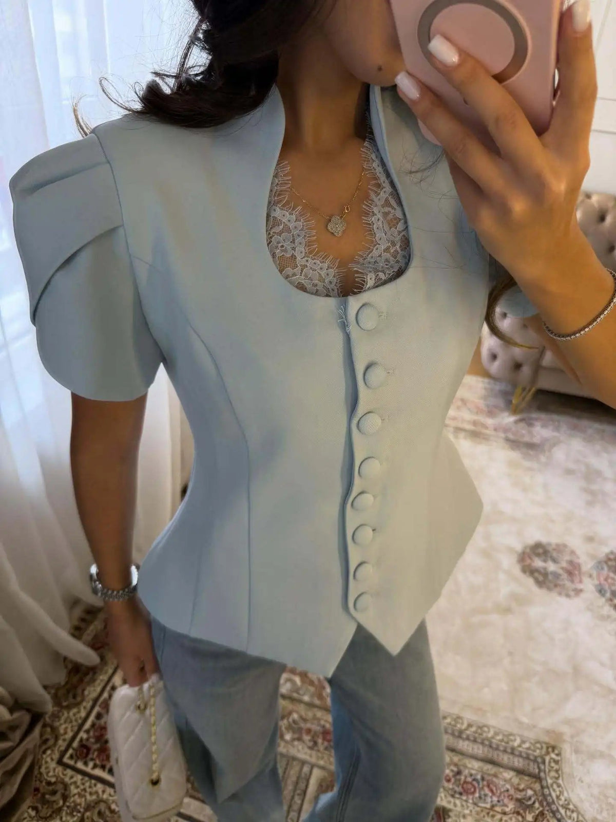 Gloria Button Front Stand Collar Top