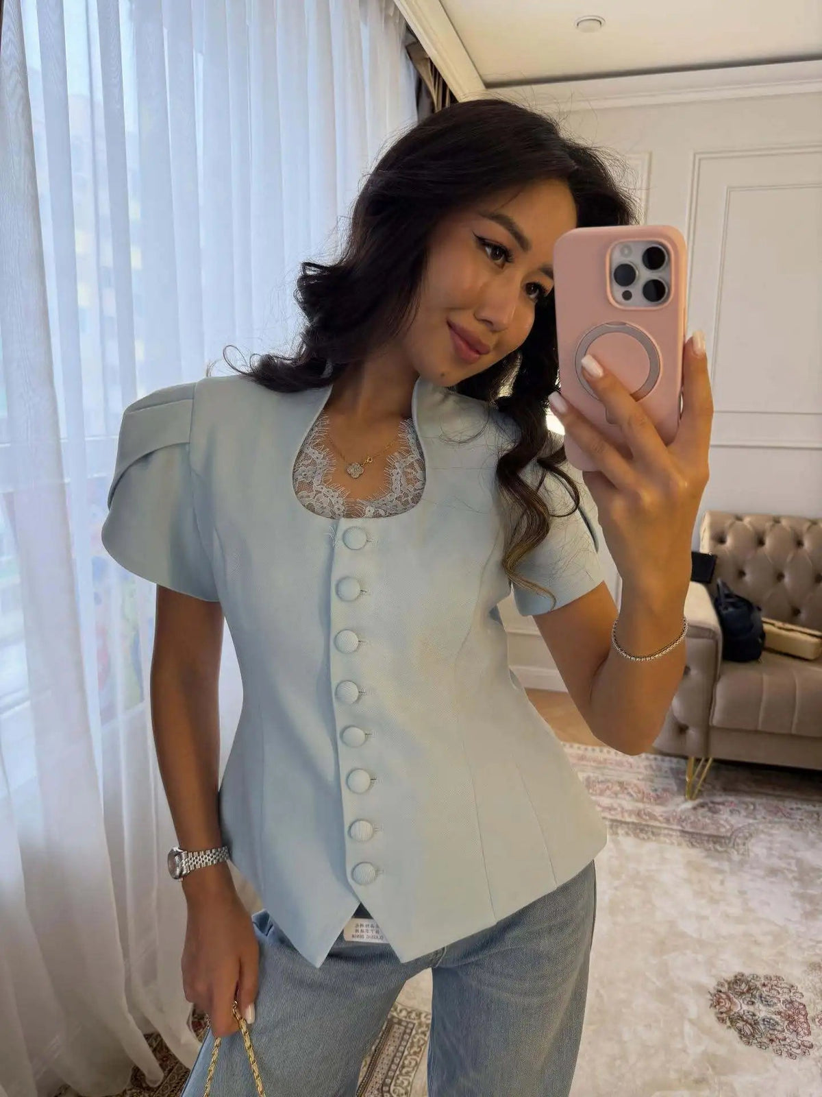 Gloria Button Front Stand Collar Top
