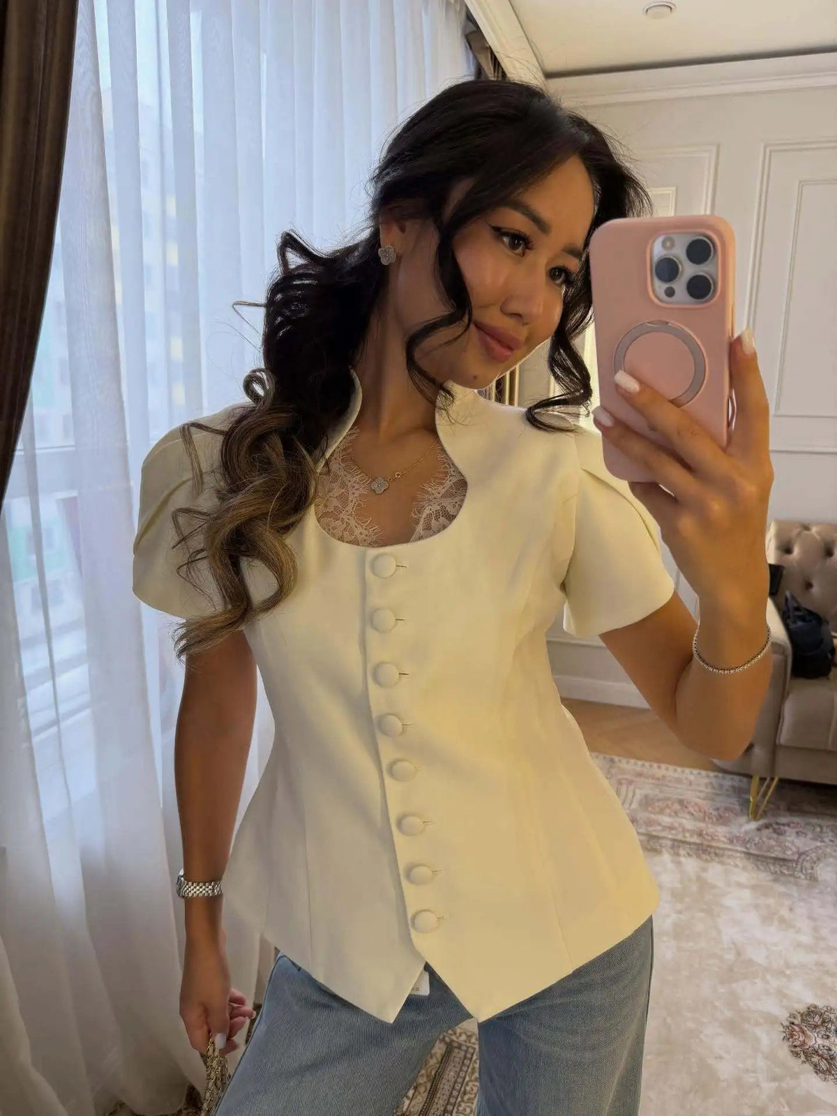 Gloria Button Front Stand Collar Top