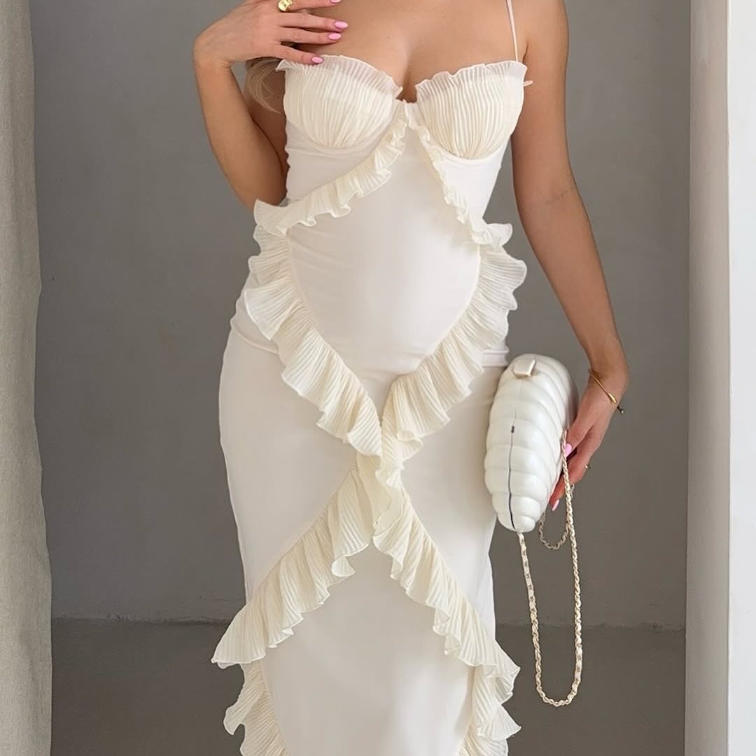 Μάξι φόρεμα Helen με δαντέλα και βολάν