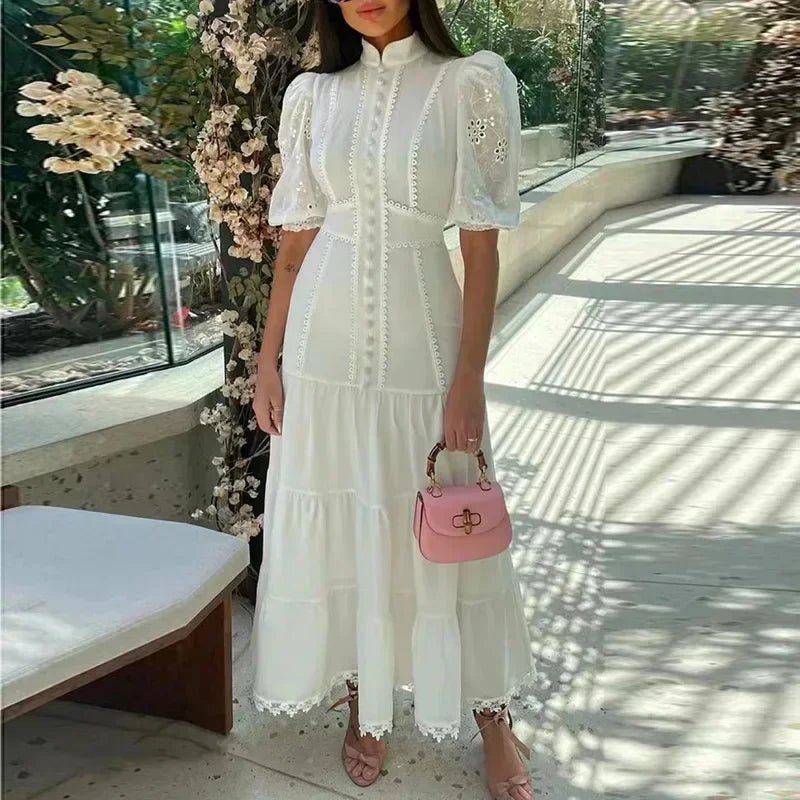 Μίντι φόρεμα Isabelle από δαντέλα με διάτρητα μοτίβα και φουσκωτά μανίκια