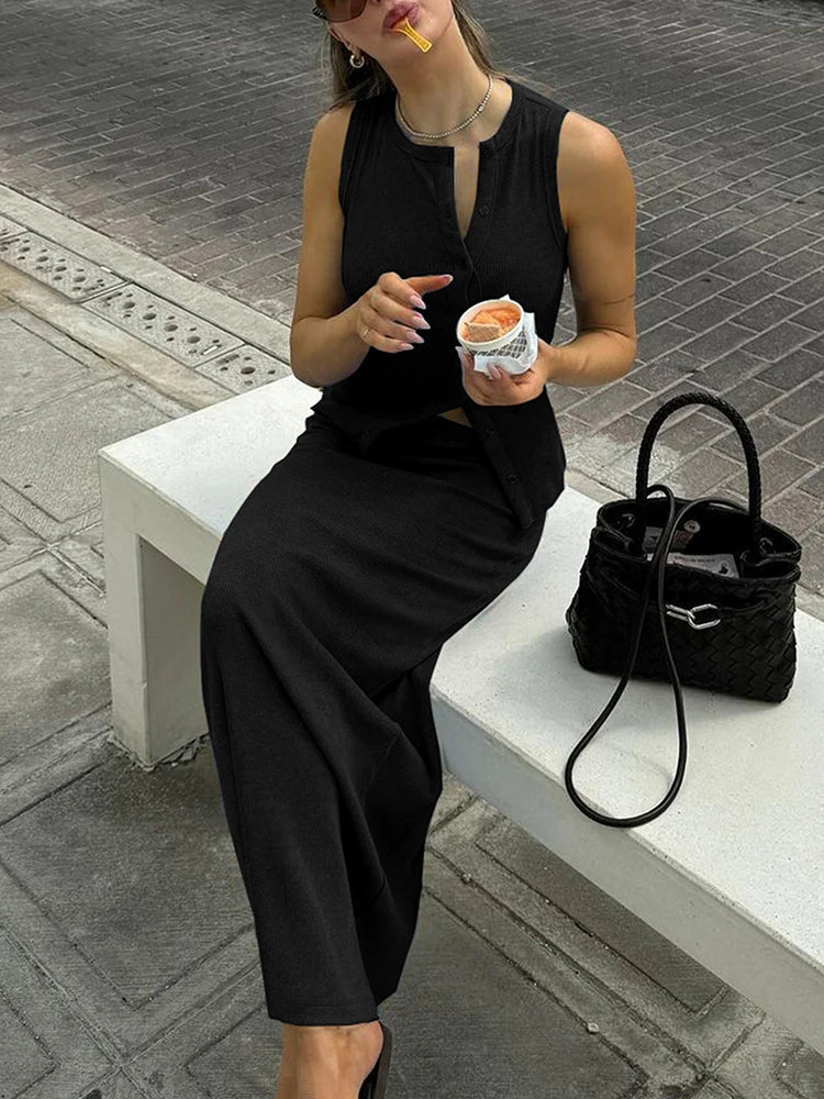 Σετ με ριμπ μονόπετο τοπ και μάξι φούστα Jenny