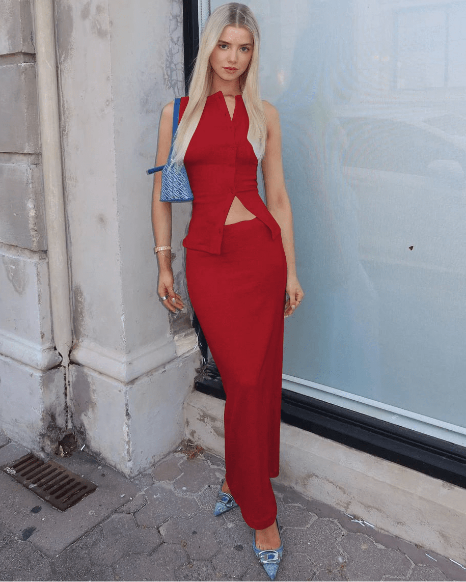 Σετ με ριμπ μονόπετο τοπ και μάξι φούστα Jenny