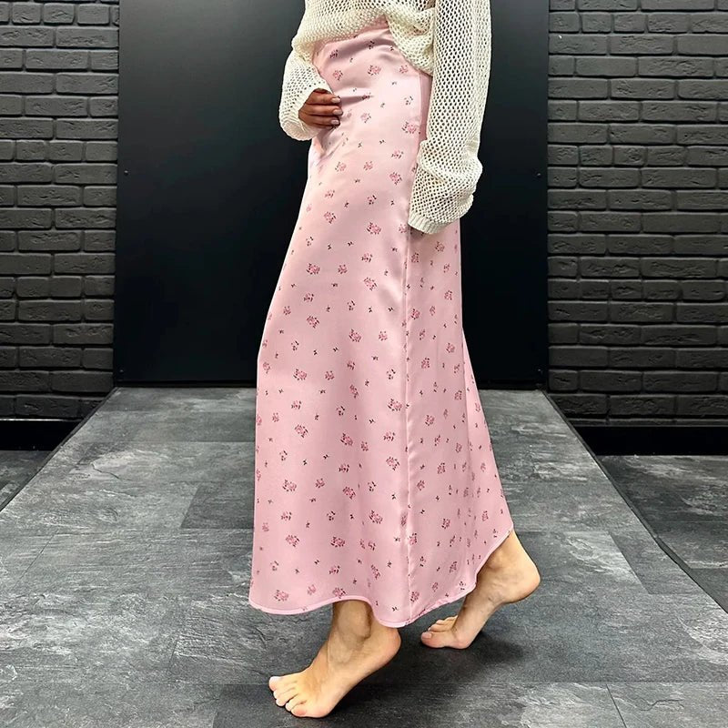 Kate High Waist Satin Printed Midi Skirt
