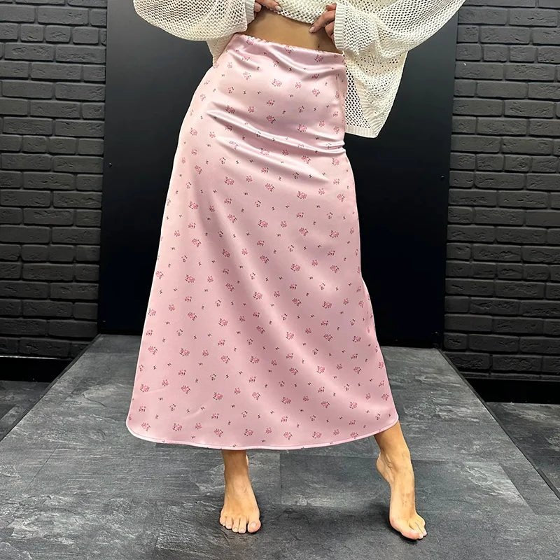 Kate High Waist Satin Printed Midi Skirt