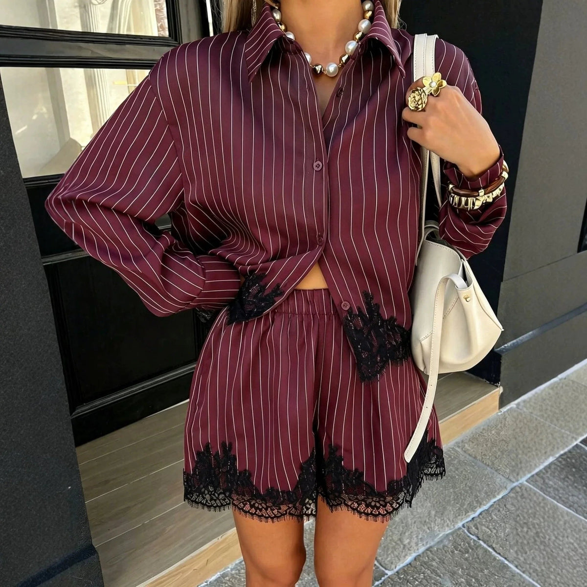 Kate Pinstripe Lace Trim Hem Shorts Set