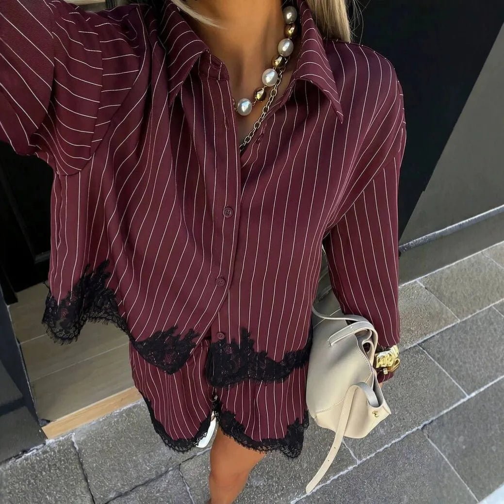 Kate Pinstripe Lace Trim Hem Shorts Set