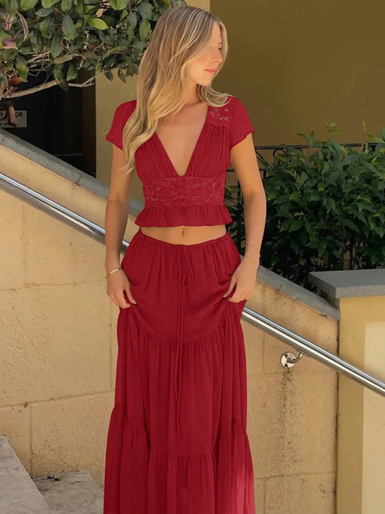 Σετ Katerina με δαντελένιο σιφόν τοπ και φούστα