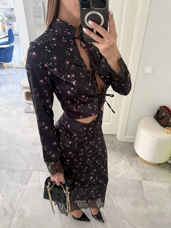 Σετ Lisa με τοπ και μάξι φούστα με floral διάτρητο σχέδιο και τελείωμα από δαντέλα