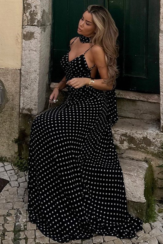Μάξι φόρεμα Madeline με πουά σχέδιο και ανοιχτή πλάτη