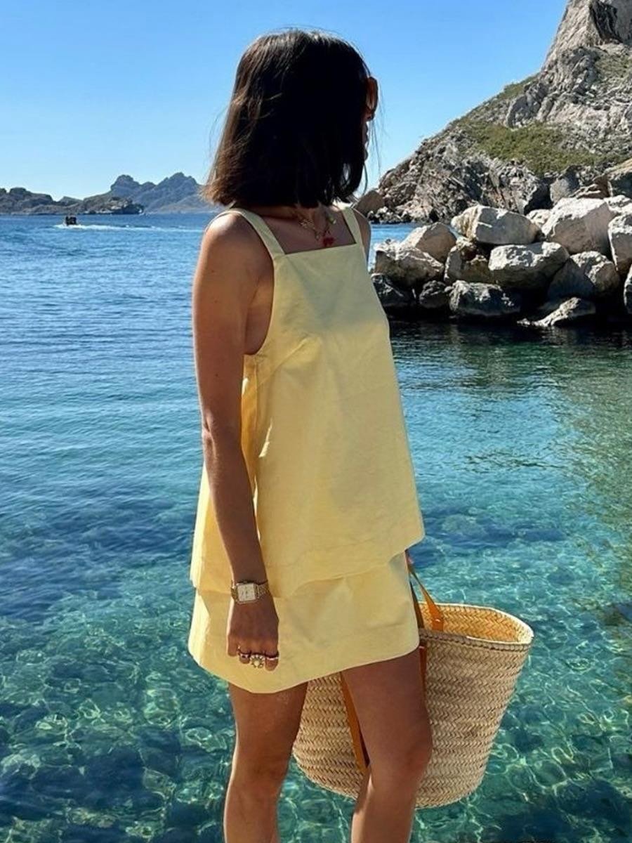 Σετ με τοπ με τιράντες και φούστα σε λεμονί κίτρινο Maria